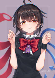 Rule 34 | 1girl, ahoge, asymmetrical wings, black dress, black hair, blush, bow, bowtie, breasts, closed mouth, commentary request, dated, dress, frilled dress, frills, hands up, highres, houjuu nue, kisamu (ksmz), looking at viewer, nail polish, pink nails, pointy ears, purple background, red bow, red bowtie, red eyes, short hair, short sleeves, signature, small breasts, smile, solo, touhou, upper body, wings