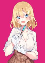 Rule 34 | 1girl, absurdres, blonde hair, blue eyes, blush, bob cut, breasts, brown skirt, chiyomaru (yumichiyo0606), cleavage, collarbone, collared shirt, dress shirt, gloves, hair between eyes, hair ornament, high-waist skirt, highres, holding, holding syringe, hololive, hololive english, large breasts, long sleeves, looking at viewer, open mouth, pink background, pleated skirt, shirt, short hair, simple background, skirt, solo, syringe, teeth, tongue, tongue out, upper teeth only, virtual youtuber, watson amelia, watson amelia (1st costume), white gloves, white shirt
