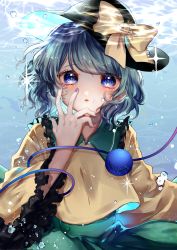 Rule 34 | 1girl, absurdres, air bubble, black hat, blue eyes, bow, bubble, commentary request, frilled shirt collar, frilled sleeves, frills, green hair, green skirt, hand up, hat, hat bow, highres, komeiji koishi, long sleeves, looking at viewer, nail polish, parted lips, purple nails, shirt, short hair, skirt, solo, stitches, suzune hapinesu, third eye, touhou, underwater, upper body, wide sleeves, yellow bow, yellow shirt