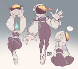 Rule 34 | 1girl, ass, blue skin, breasts, colored skin, detached sleeves, english text, fire, full body, gloves, gradient background, headless, helmet, highres, medium breasts, original, pants, sam frisk, shoes, sneakers, space helmet, spacesuit, speech bubble, sportswear, thighs