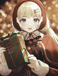 Rule 34 | 1girl, :o, black ribbon, blonde hair, blue eyes, blurry, blush, bokeh, box, breasts, capelet, chin strap, christmas, depth of field, earmuffs, fur-trimmed capelet, fur trim, gift, gift box, hair ornament, hairclip, hat, highres, holding, holding gift, holly, kinty, light particles, long hair, long sleeves, looking at viewer, neck ribbon, original, plaid, pom pom (clothes), red background, red capelet, red hat, red theme, ribbon, smile, solo, upper body
