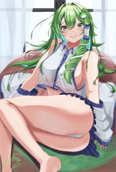 Rule 34 | 1girl, absurdres, ass, bare shoulders, barefoot, breasts, collared shirt, curtains, dated, detached sleeves, frog hair ornament, green eyes, green hair, grin, hair ornament, hair tubes, highres, hossy, indoors, kochiya sanae, large breasts, long hair, looking at viewer, midriff, panties, pillow, see-through, see-through shirt, shirt, sideboob, signature, sitting, smile, snake hair ornament, solo, touhou, underwear, white panties, white shirt, wide sleeves, window
