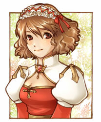 Rule 34 | 1girl, arch bishop (ragnarok online), blush, border, bow, breasts, brooch, brown eyes, brown hair, cleavage, cleavage cutout, closed mouth, clothing cutout, commentary request, cross, dress, frilled hairband, frills, gobaku no hito, grey hairband, hair bow, hairband, jewelry, juliet sleeves, lolita hairband, long sleeves, looking at viewer, medium breasts, puffy sleeves, ragnarok online, red bow, red brooch, short hair, smile, solo, two-tone dress, upper body, white border, white dress