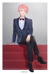 Rule 34 | 1boy, black footwear, black pants, black socks, border, bow, bowtie, buttons, character name, closed mouth, collared shirt, commentary request, crossed legs, ensemble stars!, formal, full body, highres, itsuki shu, lapels, long sleeves, notched lapels, pants, pink hair, purple eyes, red bow, red bowtie, shirt, short hair, sitting, socks, solo, wednesday 108, white border, white shirt