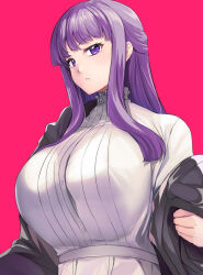 Rule 34 | 1girl, black coat, blunt bangs, breasts, buttons, coat, collar, dress, fern (sousou no frieren), frilled collar, frills, highres, hinata sora, huge breasts, long dress, long hair, long sleeves, looking at viewer, pink background, purple eyes, purple hair, sidelocks, simple background, solo, sousou no frieren, straight hair, upper body, white dress