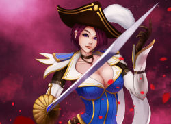 Rule 34 | 1girl, alternate costume, bad id, bad pixiv id, blue eyes, breasts, brown hair, choker, cleavage, fiora (league of legends), highres, large breasts, league of legends, light smile, lips, looking at viewer, musketeer fiora, petals, rapier, riot games, rose petals, royal guard fiora, seiryuu zaiten, short hair, solo, sword, weapon