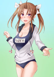 Rule 34 | 1girl, ahoge, alternate costume, anti (untea9), blue background, blue one-piece swimsuit, breasts, brown hair, cleavage, collarbone, cowboy shot, gradient background, green background, hair intakes, hair ribbon, highres, jacket, kagerou (kancolle), kantai collection, large breasts, long hair, long sleeves, looking at viewer, name tag, one-piece swimsuit, open mouth, partially unzipped, purple eyes, ribbon, school swimsuit, smile, solo, swimsuit, swimsuit under clothes, twintails, white jacket, white ribbon