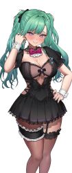Rule 34 | 1girl, absurdres, ascot, asymmetrical legwear, black dress, black nails, blush, bow, bowtie, breasts, brown pantyhose, cleavage, dress, goth fashion, green hair, hand on own hip, highres, jewelry, ko me 9, large breasts, long hair, looking at viewer, mole, mole on breast, pantyhose, purple bow, purple bowtie, purple eyes, ring, simple background, single leg pantyhose, single thighhigh, solo, thighhighs, twintails, uneven legwear, virtual youtuber, vspo!, white ascot, white background, wrist cuffs, yakumo beni, yakumo beni (2nd costume)