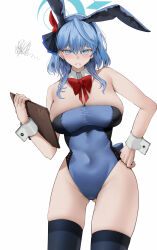 Rule 34 | 1girl, absurdres, ako (blue archive), alternate costume, animal ears, bare shoulders, blue archive, blue eyes, blue hair, blue leotard, bow, breasts, cleavage, clipboard, commentary request, detached collar, fake animal ears, groin, hair between eyes, hairband, halo, hand on own hip, highleg, highleg leotard, highres, holding, holding clipboard, large breasts, leotard, long hair, looking at viewer, playboy bunny, rabbit ears, red bow, san (harutuki 3), sidelocks, simple background, sleeveless, solo, squiggle, strapless, strapless leotard, white background, wrist cuffs