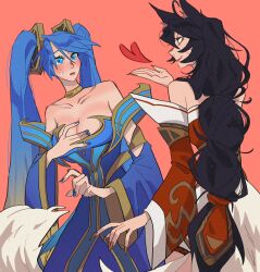Rule 34 | 2girls, ahri (league of legends), animal ears, bare shoulders, black hair, blue eyes, blue hair, breasts, cleavage, facial mark, fox ears, fox girl, fox tail, heart, highres, jiha (ssa2026b), large breasts, league of legends, long hair, multiple girls, smile, sona (league of legends), standing, tagme, tail, twintails, very long hair, whisker markings, yuri