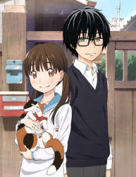 Rule 34 | 1boy, 1girl, absurdres, animal, arms at sides, black hair, black vest, blue sailor collar, blue sky, blunt bangs, blush, brown eyes, brown hair, building, bush, buttons, cat, collarbone, collared shirt, colored eyelashes, day, dress shirt, eyelashes, fence, flat chest, glasses, green eyes, grey-framed eyewear, happy, height difference, highres, holding, holding animal, house, kawamoto hinata, kiriyama rei, long hair, long sleeves, looking at viewer, mailbox (incoming mail), newtype, official art, outdoors, pants, sailor collar, sangatsu no lion, school uniform, shirt, sky, smile, standing, twintails, uniform, upper body, utility pole, vest, white shirt