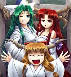 Rule 34 | 3girls, :&lt;, :d, alternate costume, bare shoulders, blush, bow, closed eyes, female focus, green eyes, green hair, grin, hair bow, hat, horn ornament, horn ribbon, horns, ibuki suika, japanese clothes, kimono, koto tsubane, long hair, mima (touhou), multiple girls, off shoulder, one eye closed, open mouth, orange hair, outstretched arms, red hair, ribbon, rope, shingyoku (touhou), smile, spread arms, touhou, touhou (pc-98), very long hair, wink, wizard hat
