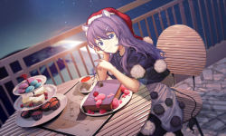 Rule 34 | 1girl, animal ears, blue eyes, book, chair, cheesecake, chinese commentary, cobblestone, commentary request, cup, cupcake, doremy sweet, dream soul, dress, dutch angle, earth (planet), elbows on table, food, fork, fur-trimmed headwear, fur trim, furahata gen, hair between eyes, hair ornament, hairclip, hand on own face, hat, highres, holding, holding fork, layered dress, lens flare, light smile, long hair, looking at viewer, macaron, nightcap, placemat, planet, plate, pom pom (clothes), purple hair, railing, red hat, saucer, sitting, solo, space, table, tail, tapir ears, tapir tail, teacup, tiered tray, touhou, very long hair