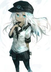 Rule 34 | 1girl, absurdres, black thighhighs, blue eyes, closed mouth, commentary request, expressionless, flat cap, hair between eyes, hat, hibiki (kancolle), highres, kaamin (mariarose753), kantai collection, long hair, long sleeves, pleated skirt, school uniform, serafuku, skirt, solo, standing, thighhighs, white hair