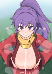 Rule 34 | after paizuri, arc the lad, blush, breast hold, breasts, breath, cleavage, cum, cum on body, cum on breasts, cum on upper body, earrings, heart, highres, japanese clothes, jewelry, kaz (shade), kneeling, kukuru (arc the lad), large breasts, long hair, necklace, ponytail, purple eyes, purple hair, scarf, simple background, smile