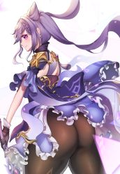 Rule 34 | 1girl, absurdres, artist request, ass, bare shoulders, blush, detached sleeves, dress, from behind, genshin impact, gloves, hair ornament, hairpin, highres, keqing (genshin impact), long hair, looking at viewer, pantyhose, purple eyes, purple hair, shiny clothes, shiny skin, short dress, skirt, smile, solo, twintails, very long hair