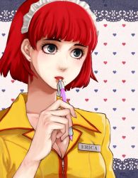 Rule 34 | 1girl, atlus, breasts, catherine (game), cleavage, earrings, erica anderson, grey eyes, jewelry, large breasts, lips, lipstick, maid headdress, makeup, mole, name tag, pen, red hair, rojika, short hair, solo, stud earrings, uniform, waitress