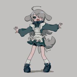 Rule 34 | 1girl, absurdres, ahoge, animal ears, apron, bike shorts, black footwear, black shirt, black skirt, blush, bone hair ornament, collar, collared shirt, dog ears, dog girl, dog tail, floppy ears, grey background, grey eyes, grey hair, hair ornament, hair over one eye, highres, long hair, long sleeves, looking at viewer, nuinuiwawan (character), open mouth, original, outstretched arms, pixel art, pleated skirt, shirt, sidelocks, simple background, sivcha, skirt, smile, socks, solo, spiked collar, spikes, spread arms, standing, tail, tongue, white apron, white socks