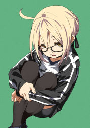 Rule 34 | 1girl, ahoge, artoria pendragon (fate), bike shorts, black-framed eyewear, blonde hair, braid, commentary request, fate/grand order, fate (series), french braid, fu-ta, glasses, green background, gym uniform, hugging own legs, jacket, looking at viewer, mysterious heroine x alter (fate), mysterious heroine x alter (second ascension) (fate), open mouth, semi-rimless eyewear, simple background, sitting, solo, thighhighs, under-rim eyewear, yellow eyes