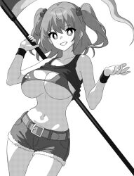 Rule 34 | 1girl, belt, breasts, collarbone, cowboy shot, grin, holding, holding scythe, large breasts, looking at viewer, medium hair, navel, onkn sxkn, onozuka komachi, scythe, shorts, simple background, smile, solo, tank top, touhou, two side up, white background