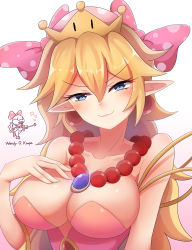 Rule 34 | 1girl, armlet, bai qiao, bare shoulders, blonde hair, blue eyes, bow, bracelet, breasts, cleavage, crown, earrings, hair bow, high heels, highres, jewelry, large breasts, lipstick, long hair, looking at viewer, makeup, mario (series), necklace, new super mario bros. u deluxe, nintendo, pink bow, pointy ears, polka dot, polka dot bow, smile, smirk, smug, solo, spiked shell, spikes, super crown, turtle shell, upper body, wendy o. koopa