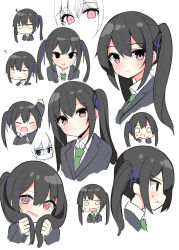 Rule 34 | 1girl, :t, @ @, arm up, black hair, black jacket, blue ribbon, chibi, closed eyes, closed mouth, collared shirt, commentary request, cropped torso, dress shirt, green neckwear, hair between eyes, hair ribbon, highres, holding, holding own hair, jacket, long hair, long sleeves, looking at viewer, multiple views, necktie, o o, ominaeshi (takenoko), open mouth, original, pink eyes, pout, profile, ribbon, shirt, simple background, sleeves past wrists, squiggle, twintails, upper body, white background, white shirt