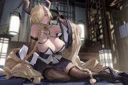 Rule 34 | 1girl, absurdres, asymmetrical bangs, azur lane, bare shoulders, black gloves, black thighhighs, blonde hair, blurry, blurry background, braid, breasts, cardigan, cleavage, collarbone, dark-skinned female, dark skin, detached sleeves, fishnets, gloves, hair bobbles, hair ornament, hair over one eye, hair over shoulder, hairclip, hand up, highres, horn ornament, horns, huge breasts, indoors, jewelry, joehongtee, lamp, large horns, light particles, long hair, looking at viewer, miniskirt, mole, mole under mouth, off shoulder, one eye covered, owari (azur lane), pleated skirt, ribbed cardigan, sagging breasts, sitting, skirt, smile, solo, strapless kimono, thighhighs, thighs, twin braids, very long hair, wide sleeves, yellow eyes, yokozuwari