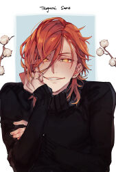 Rule 34 | 1boy, black sweater, blush, border, character name, earrings, head rest, highres, jewelry, blue background, looking at viewer, male focus, mckrs, medium hair, orange eyes, red hair, sano tsugumi, smile, solo, stud earrings, sweater, turtleneck, turtleneck sweater, white background, white border, wind boys!