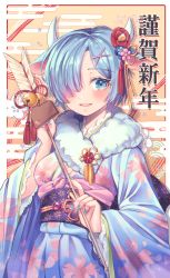 Rule 34 | 1girl, :d, absurdres, bell, blue eyes, blue hair, blue kimono, blue nails, border, chinese text, commentary, floral print, flower, forehead, fur trim, hair flower, hair ornament, hair over one eye, happy new year, highres, holding, horns, japanese clothes, jingle bell, kimono, leehwa, long sleeves, looking at viewer, nail polish, new year, open mouth, re:zero kara hajimeru isekai seikatsu, rem (re:zero), smile, solo, sparkle, tassel, teeth, upper teeth only, white border, wide sleeves, x hair ornament