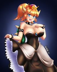Rule 34 | &gt;:d, 1girl, 2018, :d, absurdres, armlet, artist name, bare shoulders, black dress, blonde hair, blue background, blue eyes, blue gemstone, blush, bowsette, bracelet, breasts, cleavage, clothes lift, collar, collarbone, covered navel, crown, danmakuman, dated, dress, dress lift, earrings, fangs, female focus, frilled dress, frills, gem, gradient background, hair between eyes, hand on own chest, hand up, highres, horns, jewelry, large breasts, looking at viewer, mario (series), naughty face, neck, new super mario bros. u deluxe, nintendo, open mouth, ponytail, shell, short hair, smile, solo, spiked armlet, spiked bracelet, spiked collar, spiked shell, spikes, standing, strapless, strapless dress, super crown, tongue, turtle shell