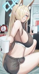 Rule 34 | 1girl, alarm clock, animal ear fluff, animal ears, black bra, black shorts, blonde hair, blue archive, blue eyes, blue halo, blush, bra, breasts, cafenami, clock, cup, dolphin shorts, hair over one eye, halo, highres, holding, holding cup, indoors, kanna (blue archive), large breasts, long hair, open mouth, shorts, solo, underwear