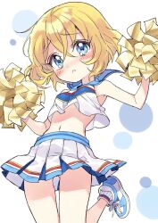 Rule 34 | 1girl, bare shoulders, blonde hair, blue eyes, blush, breasts, cheerleader, closed mouth, highres, jashin-chan dropkick, lierre, looking at viewer, midriff, miniskirt, navel, official art, pom pom (cheerleading), short hair, simple background, skirt, small breasts, solo, yukiwo