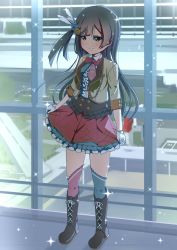 Rule 34 | 1girl, aqua flower, aqua rose, artist name, artist request, asymmetrical legwear, beige jacket, black footwear, black hair, black legwear, blue hair, blue neckwear, blush, boots, bow, bowtie, breasts, brown jacket, center frills, chase (love live!), collared shirt, cropped jacket, cross-laced footwear, dark blue hair, dress, dress shirt, feather hair ornament, feathers, female focus, floating hair, flower, flower print, frilled dress, frilled skirt, frills, full body, gloves, grey eyes, hair flower, hair ornament, half gloves, highres, holding, holding clothes, holding skirt, jacket, light brown jacket, long hair, looking at viewer, love live!, love live! nijigasaki high school idol club, love live! school idol festival, miniskirt, mismatched legwear, necktie, nijigasaki academy school uniform, parted lips, pink legwear, pink neckwear, plaid, plaid skirt, pleated, pleated skirt, ponytail, red bow, red neckwear, red skirt, rose, school uniform, shirt, side ponytail, skirt, small breasts, smile, solo, sparkle, standing, white feathers, white gloves, white shirt, window, yellow flower, yellow jacket, yellow rose, yuki setsuna (love live!)