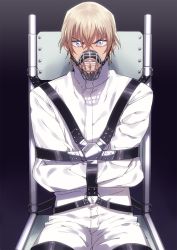 Rule 34 | 1boy, amuro tooru, angry, black background, blonde hair, blue eyes, bound, bound arms, chair, clenched teeth, commentary request, gradient background, hair between eyes, k (gear labo), looking at viewer, male focus, meitantei conan, muzzle, parody, short hair, simple background, sitting, solo, straitjacket, teeth, the silence of the lambs