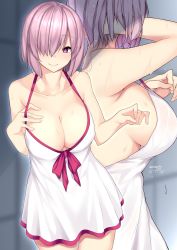 Rule 34 | 1girl, adjusting hair, arm up, armpits, bare arms, bare shoulders, bow, breasts, cleavage, closed mouth, collarbone, cowboy shot, dated, dress, dress swimsuit, fate/grand order, fate (series), hand in own hair, hand on own chest, highres, large breasts, looking at viewer, mash kyrielight, mash kyrielight (swimsuit of perpetual summer), multiple views, nebusoku, official alternate costume, one-piece swimsuit, pink bow, pink hair, purple eyes, see-through, short hair, sideboob, sleeveless, sleeveless dress, smile, standing, strap gap, sweat, swimsuit, thighs, twitter username, wet, wet clothes, wet swimsuit, white one-piece swimsuit