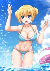 Rule 34 | 1girl, :d, ball, beachball, bikini, blend s, blonde hair, blue bikini, blue eyes, blue sky, breasts, cleavage, cloud, cloudy sky, collarbone, commentary, day, double bun, gluteal fold, highres, hinata kaho, kazenokaze, large breasts, long hair, looking at viewer, navel, ocean, open mouth, shallow water, sky, smile, solo, swimsuit