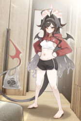 Rule 34 | absurdres, barefoot, black shorts, blue archive, bra, brown hair, demon girl, demon horns, demon tail, demon wings, dolphin shorts, highres, hood, hoodie, horns, kasumi (blue archive), looking at viewer, micasa tto, navel, red hoodie, red shirt, shirt, short shorts, shorts, tail, thighs, underwear, white bra, wings