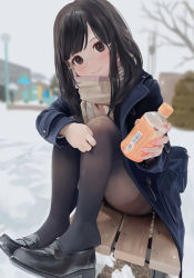 Rule 34 | 1girl, bad id, bad twitter id, bag, bench, black footwear, black hair, black pantyhose, blue jacket, blurry, blurry background, blush, bottle, brown eyes, depth of field, drink, fine fabric emphasis, glasses, head tilt, holding, jacket, knees to chest, long hair, long sleeves, looking at viewer, mary janes, mimikaki (men bow), original, outdoors, pantyhose, scarf, shoes, sitting, smile, solo, thighband pantyhose, thighs, unworn bag, wooden bench