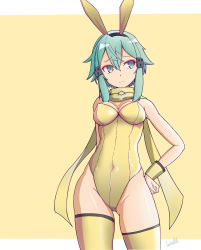 Rule 34 | 1girl, absurdres, aqua eyes, aqua hair, artist name, batta 16-sei, breasts, contrapposto, covered navel, female focus, gluteal fold, grey scarf, groin tendon, hair between eyes, hair ornament, hairclip, hand on own hip, highres, leotard, letterboxed, looking to the side, medium breasts, playboy bunny, scarf, sinon, solo, sword art online, thighhighs, thighs, wrist cuffs, yellow background, yellow leotard, yellow scarf, yellow thighhighs