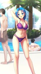 Rule 34 | 1girl, :d, arm up, armpits, bikini, blue eyes, blue hair, blurry, blurry background, blush, breasts, character request, cleavage, collarbone, doukyuusei another world, game cg, hair intakes, jewelry, large breasts, long hair, looking at viewer, multi-strapped bikini, navel, necklace, official art, open mouth, palm tree, pool, purple bikini, smile, solo focus, sparkle, standing, swimsuit, tree