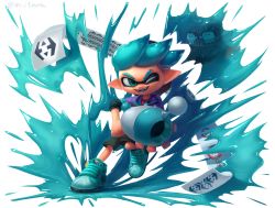 Rule 34 | 1boy, aqua eyes, artist name, backwards hat, baseball cap, black hat, black shorts, blue footwear, blue hair, commission, domino mask, fangs, full body, happy, hat, highres, holding, holding weapon, inkling, inkling boy, inkling player character, jacket, leg up, looking to the side, luna blaster (splatoon), male focus, mask, miitara, nintendo, one eye closed, open mouth, paint, pointy ears, purple jacket, red shirt, reflection, shirt, shoes, short hair, shorts, simple background, smile, solo, splatoon (series), splatter, standing, standing on one leg, teeth, tentacle hair, tentacles, twitter username, two-handed, watermark, weapon, white background, zipper