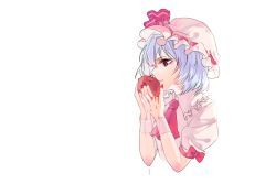 Rule 34 | 1girl, apple, ascot, blouse, blue hair, bow, dripping, eating, food, fruit, hat, hat bow, mob cap, portrait, profile, red eyes, remilia scarlet, shirt, short hair, simple background, solo, tansuan zhanshi, touhou, white background, wrist cuffs