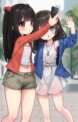 Rule 34 | 2girls, :o, arm up, black hair, blue cardigan, blue eyes, blurry, blurry background, blush, cardigan, cellphone, commentary, comodomodo, cropped shirt, depth of field, dress, english commentary, feet out of frame, flat chest, green shorts, hair bobbles, hair ornament, highres, holding, holding phone, jewelry, long hair, long sleeves, midriff, multiple girls, navel, open mouth, original, outdoors, parted lips, pendant, phone, red cardigan, red eyes, selfie, shirt, short dress, short shorts, shorts, single bare shoulder, smartphone, star (symbol), two side up, waving, white dress, white shirt