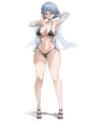 Rule 34 | 1girl, alternate costume, arm behind head, armpits, bikini, black bikini, blue hair, braid, breasts, brown hair, closed mouth, collarbone, crown braid, fire emblem, fire emblem: three houses, full body, hand in own hair, highres, large breasts, looking at viewer, marianne von edmund, navel, nintendo, rakeemspoon, sandals, shadow, shirt, shirt partially removed, side-tie bikini bottom, simple background, smile, solo, stomach, swimsuit, white background, white shirt
