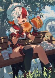 Rule 34 | 1girl, ahoge, bench, black thighhighs, burger, commentary request, day, eating, food, food on face, full body, grass, greentanuki, hat, holding, holding food, looking at viewer, multicolored hair, nina (greentanuki), open mouth, original, outdoors, red eyes, red hair, short hair, short sleeves, single thighhigh, sitting, solo, streaked hair, thighhighs, tree, two-tone hair, white hair, white hat, wooden bench