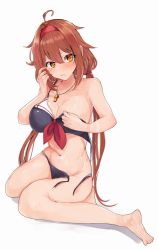 Rule 34 | 1girl, adapted costume, ahoge, bad id, bad twitter id, barefoot, bikini, black bikini, brown eyes, commentary request, full body, hair flaps, hairband, kantai collection, long hair, looking at viewer, low twintails, miyako (rgrayt), red hairband, shiratsuyu (kancolle), short hair, simple background, sitting, solo, swimsuit, twintails, untied, wariza, whistle, whistle around neck, white background