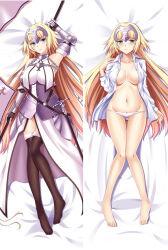 Rule 34 | 1girl, armor, armored dress, black thighhighs, blonde hair, breasts, collarbone, collared shirt, dakimakura (medium), fate/grand order, fate (series), faulds, fur-trimmed thighhighs, fur trim, gauntlets, grey eyes, headpiece, jeanne d&#039;arc (fate), large breasts, long hair, long sleeves, lying, moeanime, navel, on back, open clothes, open shirt, panties, plackart, shirt, standard bearer, thighhighs, underwear, very long hair, white panties, white shirt