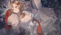 Rule 34 | 1girl, absurdres, bag, breasts, brown eyes, brown hair, chelizi (weibo 5986313927), cleavage, dress, dress flower, dutch angle, elbow gloves, flower, from above, gloves, hair flower, hair ornament, hairclip, hand up, highres, leaf, light smile, looking to the side, lying, medium breasts, medium hair, melania (reverse:1999), ms. acey, official alternate costume, on back, pink flower, pink rose, puffy short sleeves, puffy sleeves, red gloves, reverse:1999, rose, short sleeves, shoulder bag, solo, upper body, wedding dress, white bag, white dress, white flower, white rose, white veil