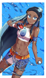 1girl, abs, absurdres, armlet, bare shoulders, belly chain, bike shorts, black hair, blue background, blue eyes, blue eyeshadow, blue hair, blush, breasts, closed mouth, collarbone, commentary request, cowboy shot, creatures (company), dark skin, dark skinned female, dive ball, dutch angle, dynamax band, earrings, eyeshadow, game freak, glint, gloves, groin, gym leader, hair bun, half gloves, highres, holding, holding poke ball, hoop earrings, jewelry, long hair, looking at viewer, makeup, medium breasts, midriff, multicolored hair, navel, necklace, nessa (pokemon), nintendo, number, poke ball, poke ball (basic), pokemon, pokemon (game), pokemon swsh, sidelocks, simple background, single glove, smile, solo, standing, swimsuit, tankini, toin (koto54576897), two-tone hair, water