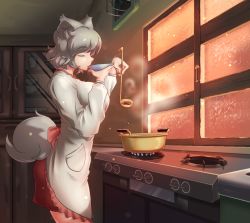 Rule 34 | 1girl, animal ears, apron, breasts, cabinet, closed eyes, cooking, cowboy shot, drinking, eating, eyebrows, facing away, female focus, fire, fire, food, from side, housewife, indoors, inubashiri momiji, kappougi, kitchen, ladle, large breasts, long sleeves, plate, pot, profile, short hair, silver hair, skirt, solo, standing, steam, stove, tail, tasting, tasting plate, thick eyebrows, tochinoko, touhou, window, wolf ears, wolf tail